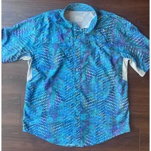Reel Legends Mariner II Fishing Shirt Mens Large Blue Purple Fish Scale Print